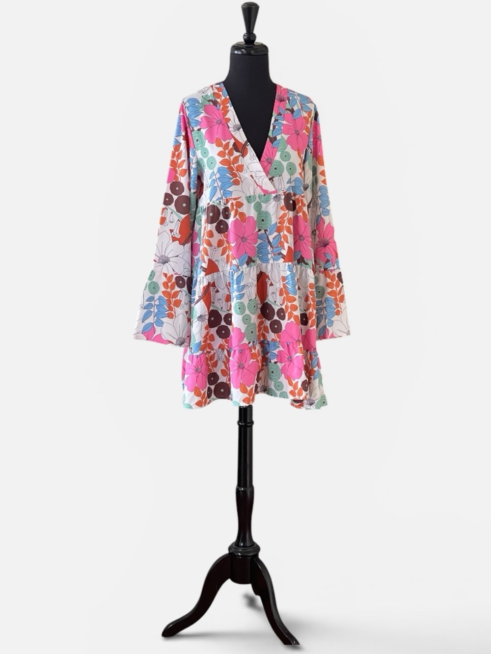 Sunday Up Floral Tiered Surplice V-Neck Baby Doll Dress Sz S  Bell Sleeves Retro